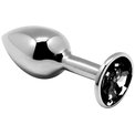 Серебристая анальная втулка с черным кристаллом Mini Metal Butt Plug Size M - 8 см.