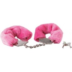  Розовые меховые наручники на сцепке с ключами 