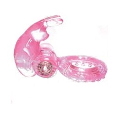  Розовое эрекционное кольцо с вибратором и клиторальным стимулятором-зайчиком 