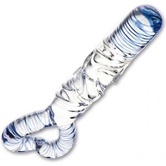  Стеклянный стимулятор с выпуклыми линиями на теле и рукоятью-сердцем 13 см 