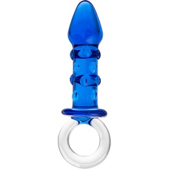  Синяя стеклянная анальная втулка с ручкой-кольцом 16 см 