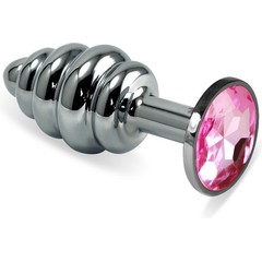  Серебристая ребристая анальная пробка с розовым кристаллом 7,6 см 