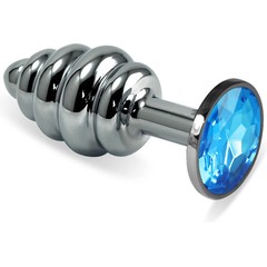  Серебристая ребристая анальная пробка с голубым кристаллом 7,6 см 