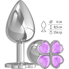  Серебристая анальная пробка-клевер с сиреневым кристаллом 9,5 см 