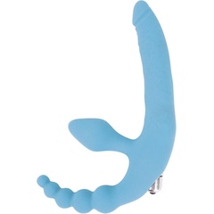  Голубой безремневой страпон с анальным отростком и вибрацией 15 см 