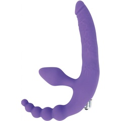  Фиолетовый безремневой страпон с анальным отростком и вибрацией 15 см 