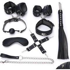  Пикантный черный набор БДСМ: маска, ошейник, кляп, фиксатор, наручники, оковы, плеть 