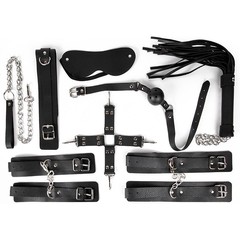  Большой черный набор БДСМ: наручники, оковы, ошейник с поводком, кляп, маска, плеть, фиксатор 