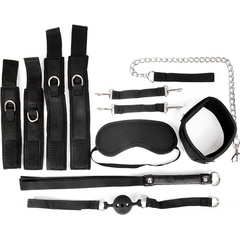  Черный текстильный набор БДСМ: наручники, оковы, ошейник с поводком, кляп, маска, плеть 