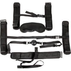  Пикантный черный текстильный набор БДСМ: наручники, оковы, ошейник с поводком, кляп, маска 