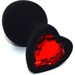  Черная анальная силиконовая пробка с красным кристаллом в форме сердца 8,8 см. 
