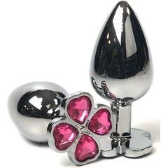  Серебристая анальная втулка с клевером из розовых кристаллов 9 см 