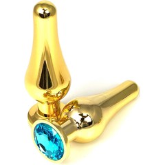  Золотистая удлиненная анальная пробка с голубым кристаллом 11,5 см 