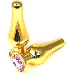  Золотистая удлиненная анальная пробка с нежно-розовым кристаллом 11,5 см 