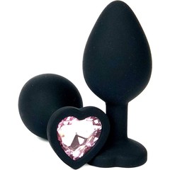  Черная силиконовая пробка с нежно-розовым кристаллом-сердечком 8 см 