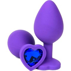  Фиолетовая силиконовая анальная пробка с синим стразом-сердцем 8 см 