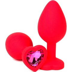  Красная силиконовая анальная пробка с розовым стразом-сердцем 8 см 