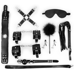  Большой набор БДСМ в черном цвете: маска, кляп, зажимы, плётка, ошейник, наручники, оковы, щекоталка, фиксатор 