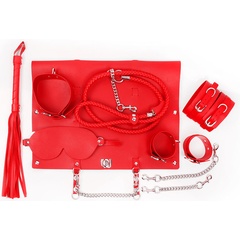  Красный набор БДСМ в сумке: маска, ошейник с поводком, наручники, оковы, плеть 