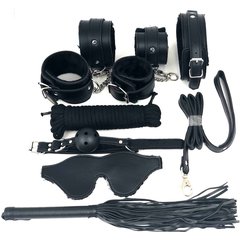  Набор БДСМ в черном цвете: наручники, поножи, кляп, ошейник с поводком, маска, веревка, плеть 