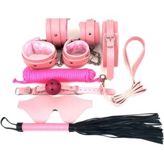  Набор БДСМ в розовом цвете: наручники, поножи, кляп, ошейник с поводком, маска, веревка, плеть 