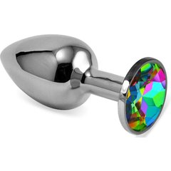  Серебристая гладкая анальная пробка с радужным кристаллом 6,8 см 