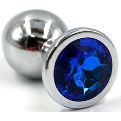  Серебристая коническая анальная пробка с синим кристаллом 7 см 