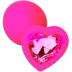  Розовая анальная пробка из силикона с розовым кристаллом в форме сердца 8,8 см 