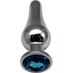  Серебристая анальная пробка с голубым кристаллом 13 см 