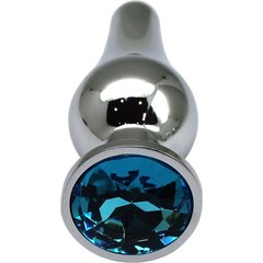  Серебристая анальная пробка с голубым кристаллом 9,4 см 