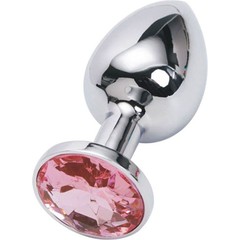  Серебристая анальная втулка с розовым стразом 7 см 