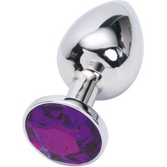  Серебристая анальная пробка из металла с фиолетовым стразом 7 см 