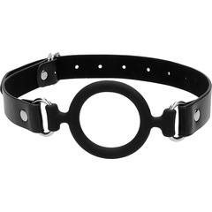  Черный кляп-кольцо с кожаными ремешками Silicone Ring Gag with Leather Straps 