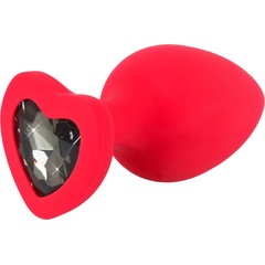  Красная силиконовая анальная пробка с черным стразом-сердечком 9,3 см 