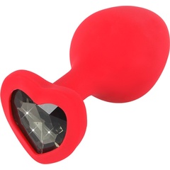  Красная силиконовая анальная пробка с черным стразом-сердечком 7,9 см 