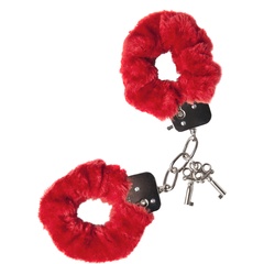  Красные меховые наручники с металлическим крепежом 
