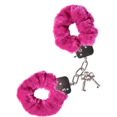  Розовые меховые наручники с металлическим крепежом 