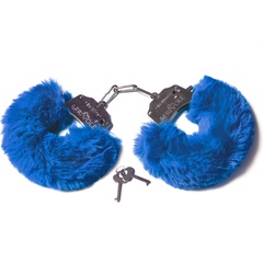  Шикарные синие меховые наручники с ключиками 