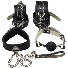  Пикантный БДСМ-набор на мягкой подкладке: наручники, поножи, ошейник с поводком, кляп 
