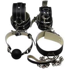  БДСМ-набор в черном цвете: наручники, поножи, ошейник с поводком, кляп 
