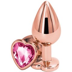  Золотистая анальная втулка с розовым кристаллом в виде сердечка 7 см 
