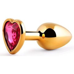  Золотистая анальная пробка с малиновым кристаллом-сердечком 7 см 