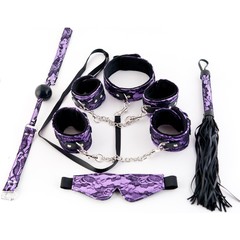  Большой кружевной набор пурпурного цвета: маска, наручники, оковы, ошейник, флоггер, кляп 