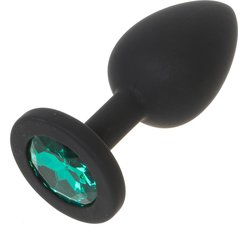  Черная силиконовая анальная пробка с зеленым кристаллом 7,3 см 