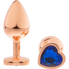  Золотистая анальная пробка OYO с синим кристаллом-сердцем 7,3 см 