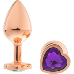  Золотистая анальная пробка OYO с фиолетовым кристаллом-сердцем 7,3 см 