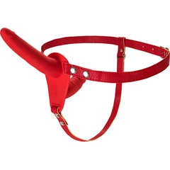  Красный страпон на ремнях с вагинальной пробкой 15 см 