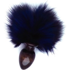  Чёрная малая анальная пробка с синим заячьим хвостом 8 см 