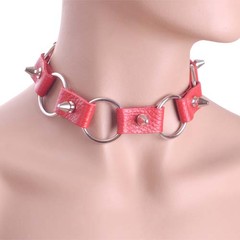  Кожаный красный ошейник с кольцами 