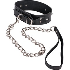  Чёрный кожаный ошейник Leather Collar с металлической цепью 